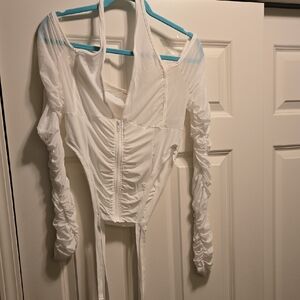 White Ruched Long Sleeve, Halter Zip Bodysuit